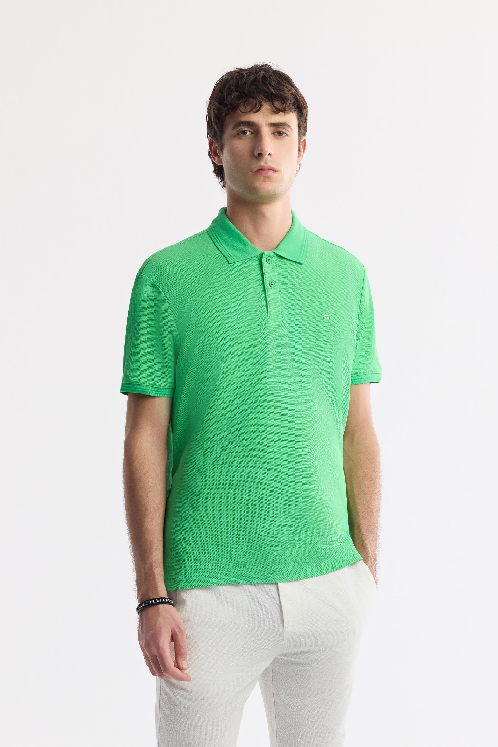 Yeşil Kıvrılmaz Polo Yaka Pamuk Basic T-Shirt
