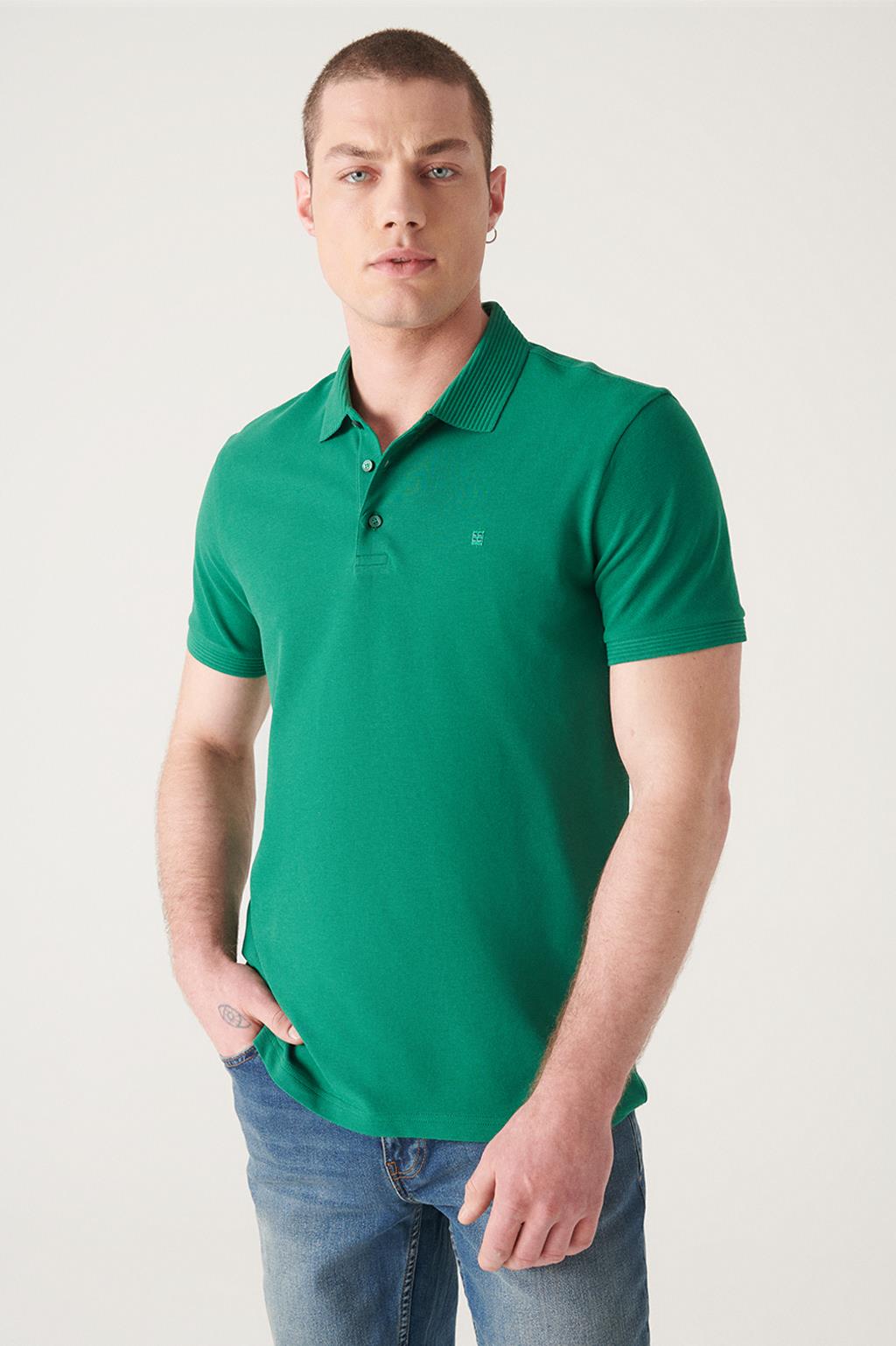 Yeşil Polo Yaka Basic Slim Fit Dar Kesim T-Shirt