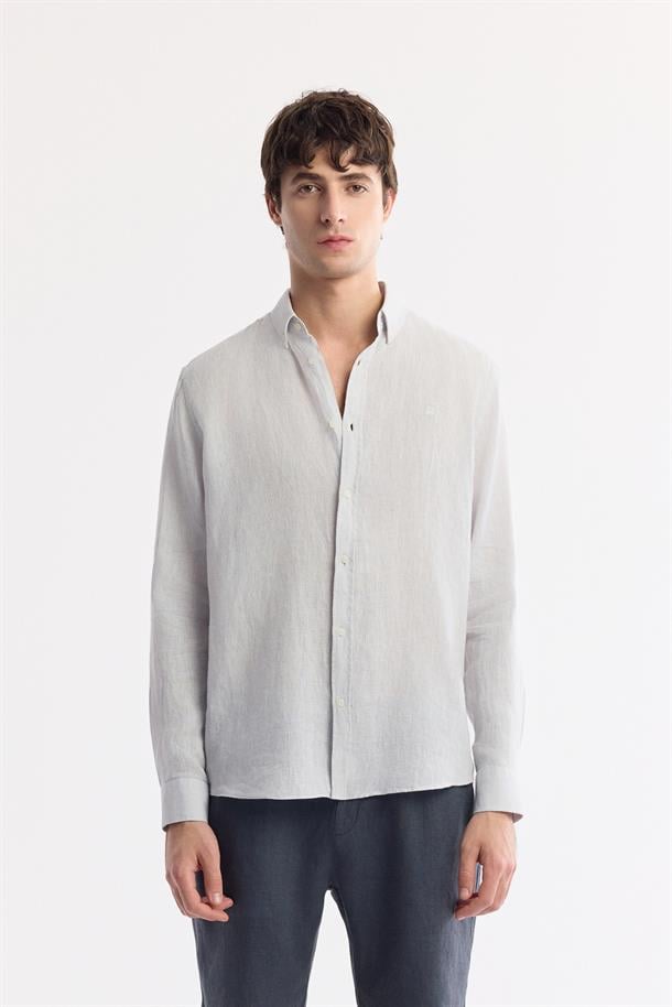 Buz Gri Düğmeli Yaka %100 Keten Comfort Fit Uzun Kol Gömlek