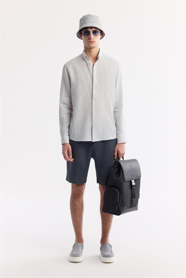 Buz Gri Düğmeli Yaka %100 Keten Comfort Fit Uzun Kol Gömlek