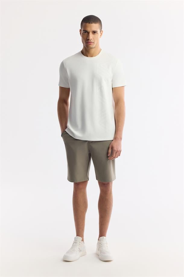 Ekru Baskılı Bisiklet Yaka İnterlok T-Shirt