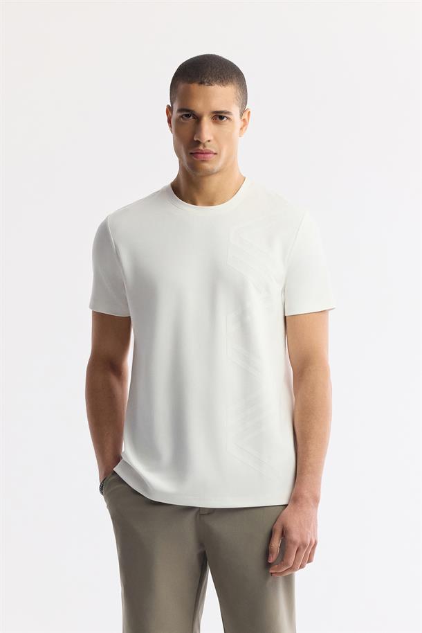 Ekru Baskılı Bisiklet Yaka İnterlok T-Shirt