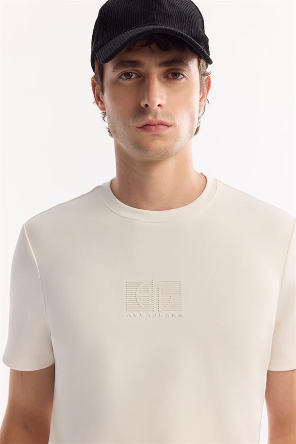 Ekru Bi-Stretch Baskılı İnterlok T-Shirt