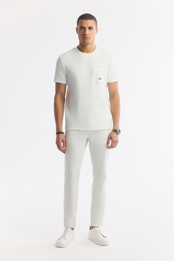 Ekru Bisiklet Yaka Baskılı Bi Stretch İnterlok T-Shirt