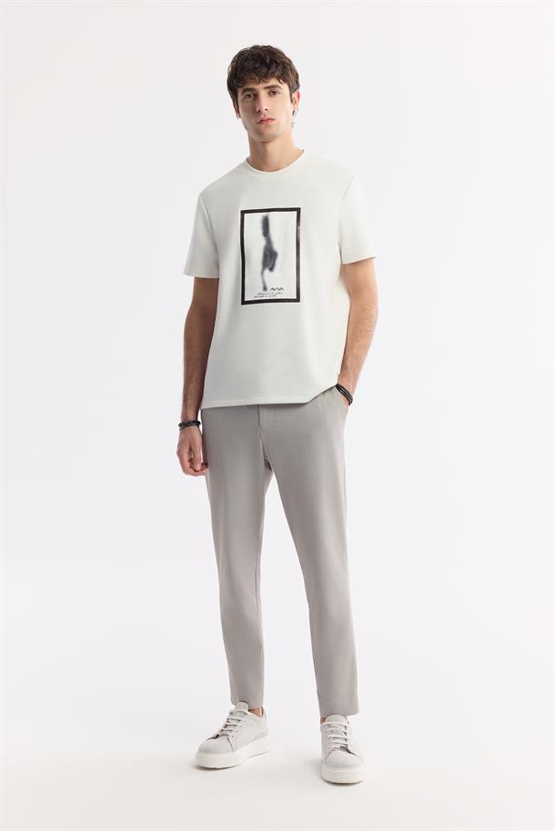 Ekru Bisiklet Yaka Baskılı Bi Stretch İnterlok T-Shirt