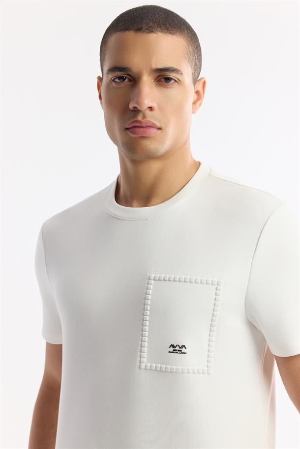 Ekru Bisiklet Yaka Baskılı Bi Stretch İnterlok T-Shirt