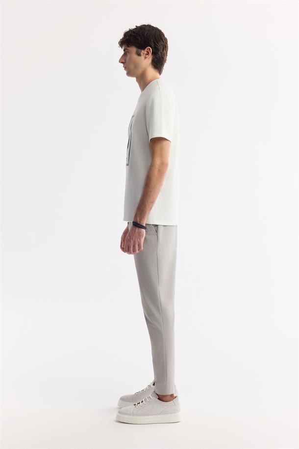 Ekru Bisiklet Yaka Baskılı Bi Stretch İnterlok T-Shirt