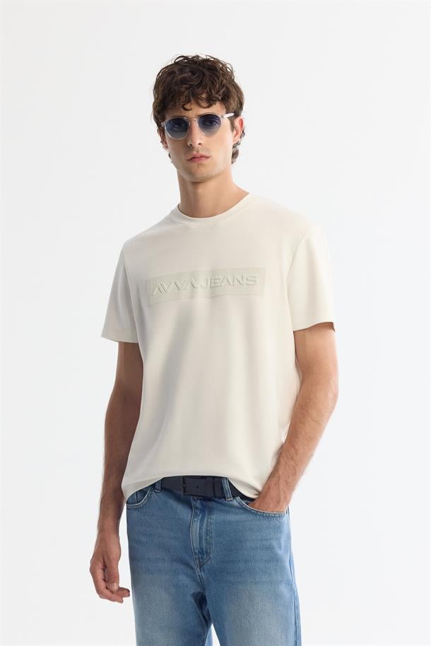 Ekru Bisiklet Yaka Baskılı Esnek Kumaş T-Shirt