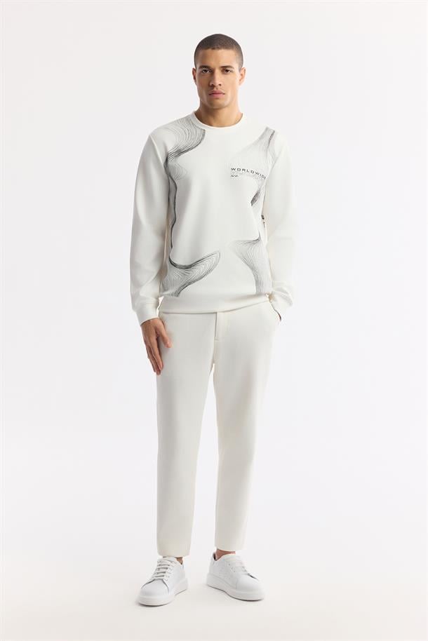 Ekru Bisiklet Yaka Baskılı İnterlok Sweatshirt