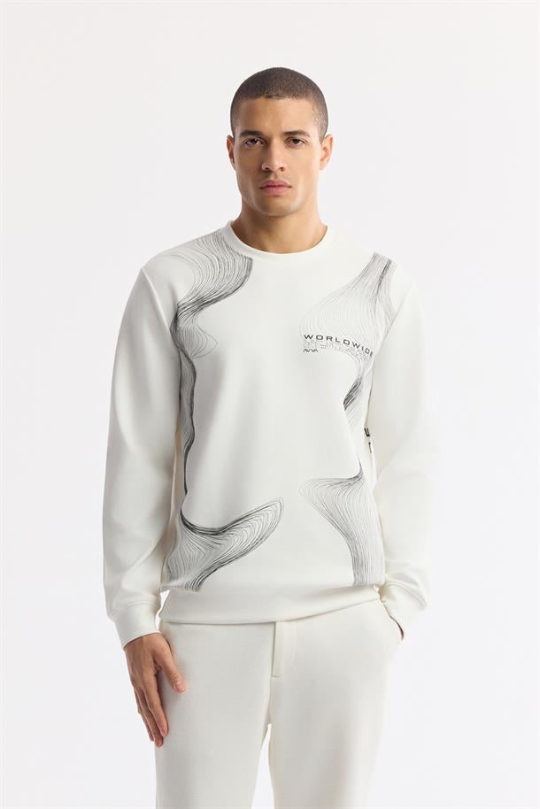 Ekru Bisiklet Yaka Baskılı İnterlok Sweatshirt