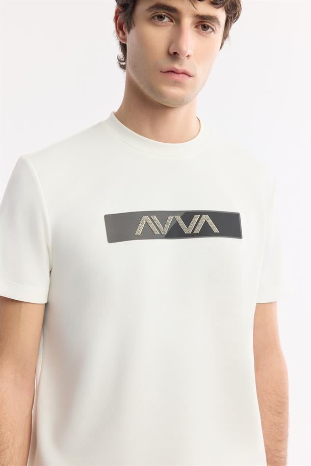 Ekru Bisiklet Yaka Baskılı İnterlok T-Shirt