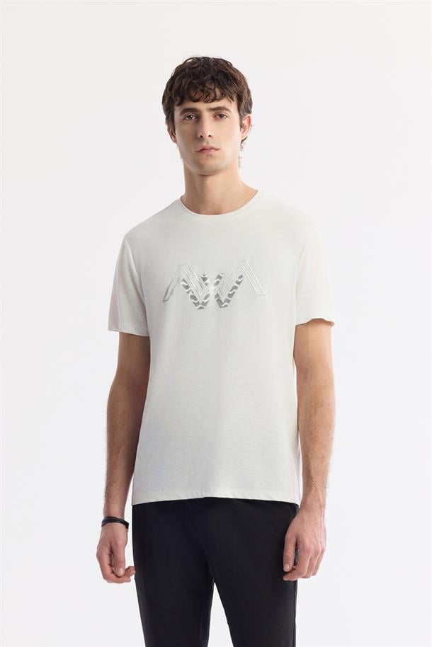 Ekru Bisiklet Yaka Baskılı Shoft Touch Flamlı T-Shirt