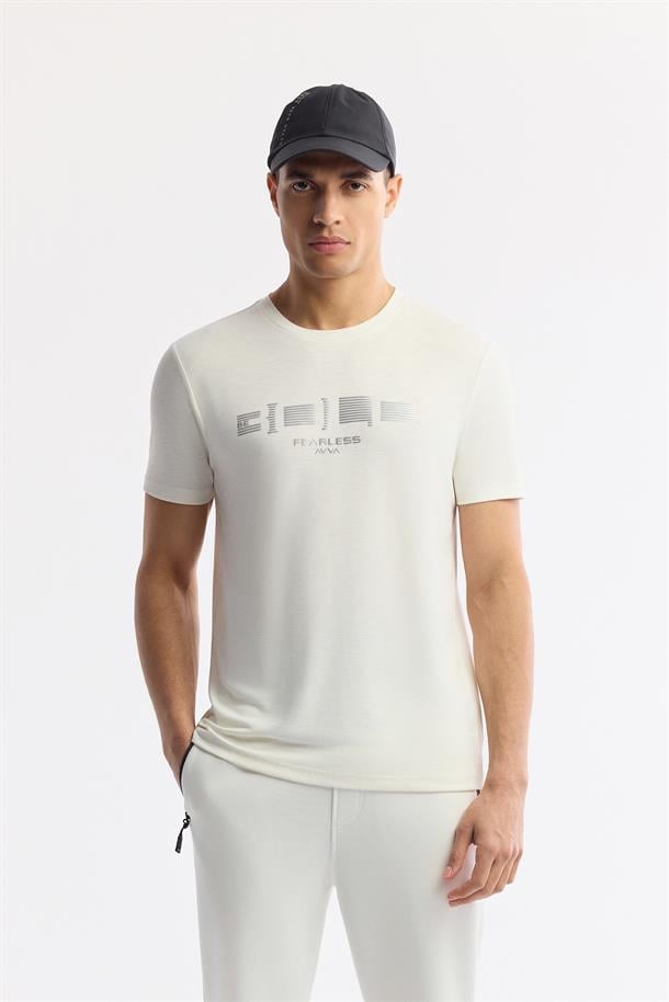 Ekru Bisiklet Yaka Baskılı Shoft Touch Flamlı T-Shirt