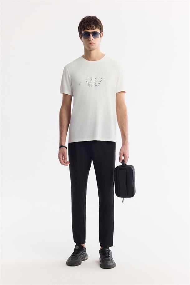 Ekru Bisiklet Yaka Baskılı Shoft Touch Flamlı T-Shirt