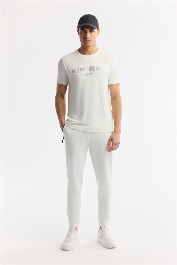 Ekru Bisiklet Yaka Baskılı Shoft Touch Flamlı T-Shirt