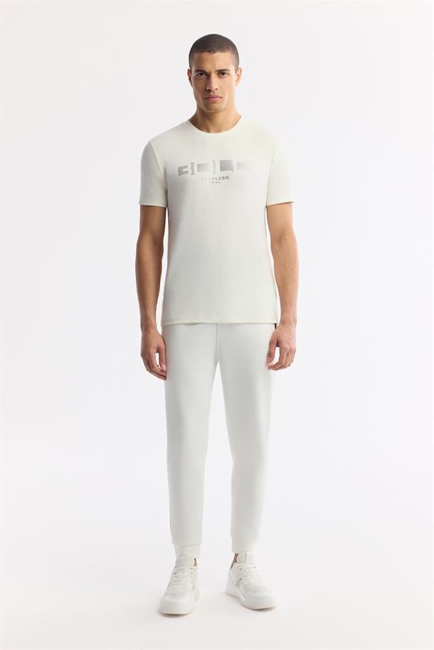 Ekru Bisiklet Yaka Baskılı Shoft Touch Flamlı T-Shirt