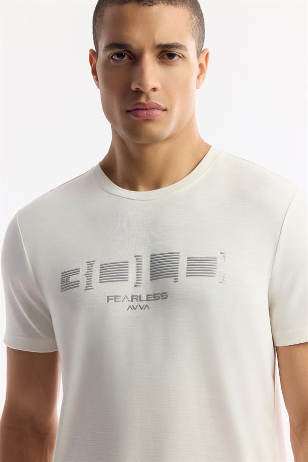 Ekru Bisiklet Yaka Baskılı Shoft Touch Flamlı T-Shirt