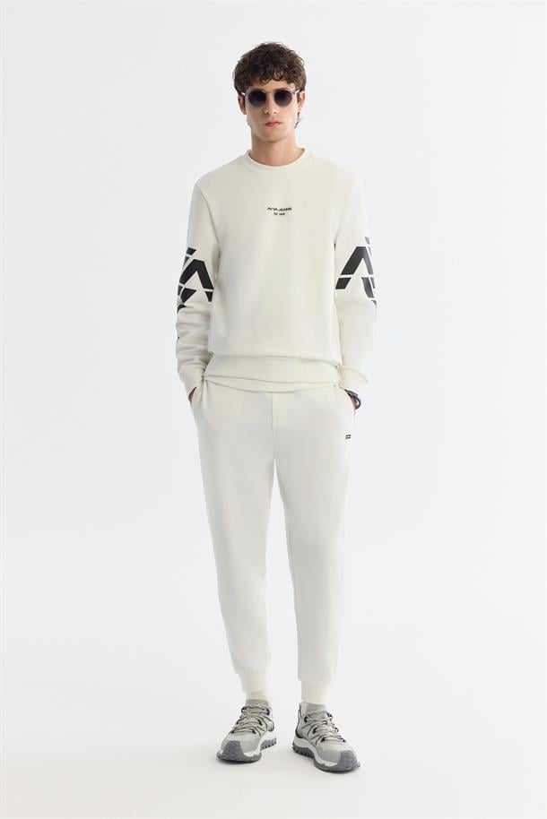 Ekru Bisiklet Yaka Baskılı  Sweatshirt
