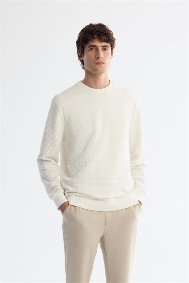 Ekru Bisiklet Yaka Baskılı Sweatshirt