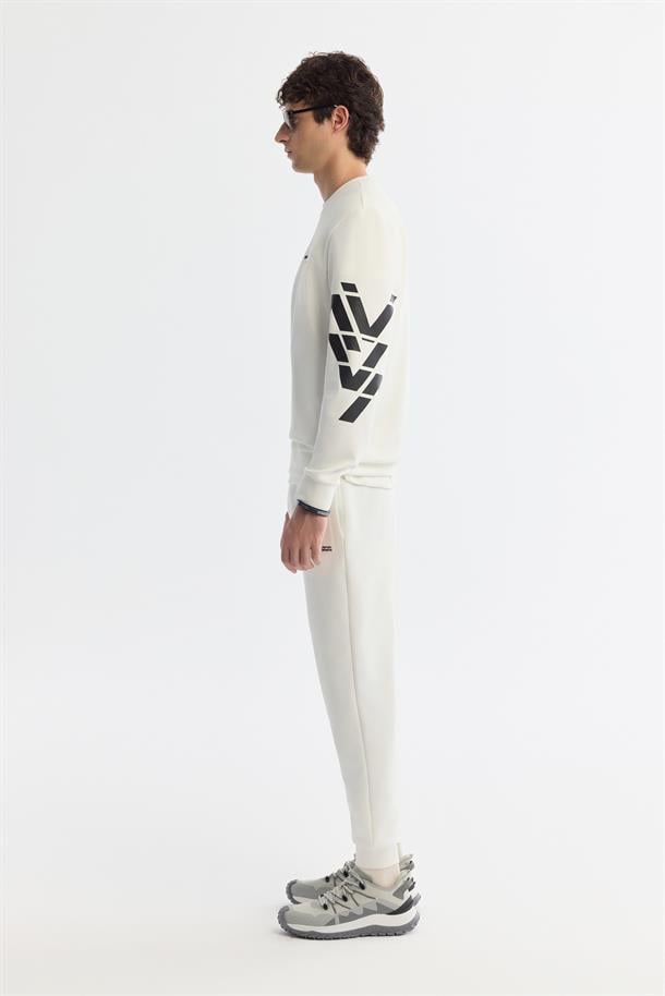 Ekru Bisiklet Yaka Baskılı  Sweatshirt