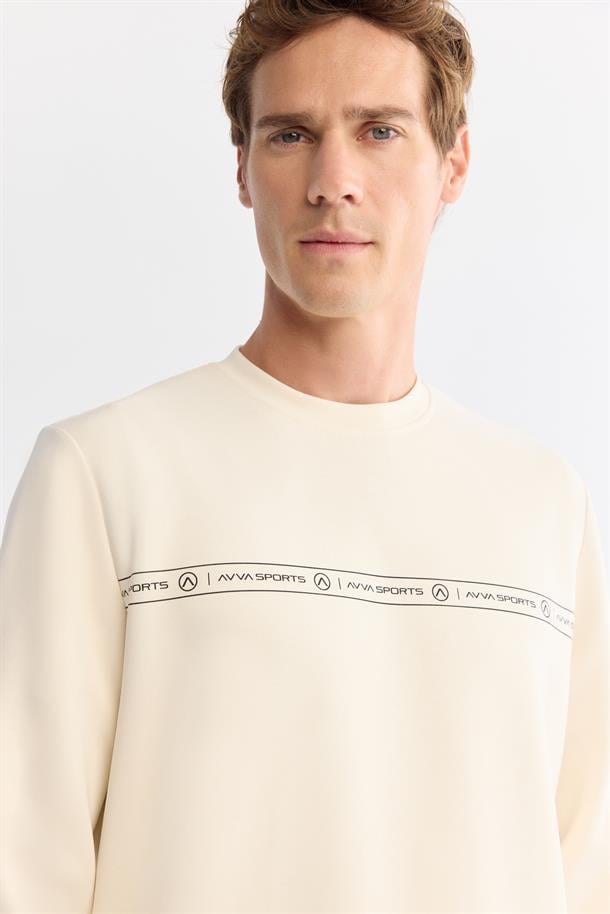 Ekru Bisiklet Yaka Baskılı Sweatshirt