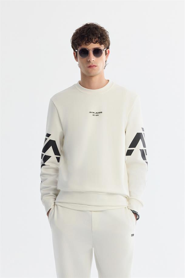 Ekru Bisiklet Yaka Baskılı  Sweatshirt
