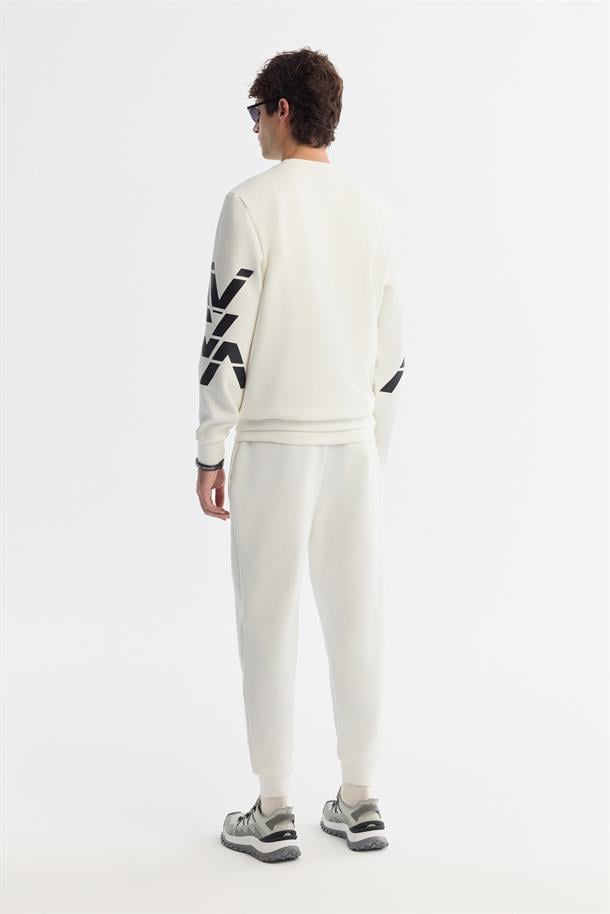 Ekru Bisiklet Yaka Baskılı  Sweatshirt
