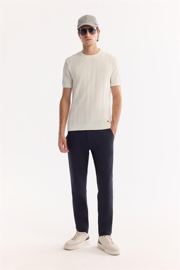 Ekru Bisiklet Yaka Bi-Stretch Rayon Triko T-shirt