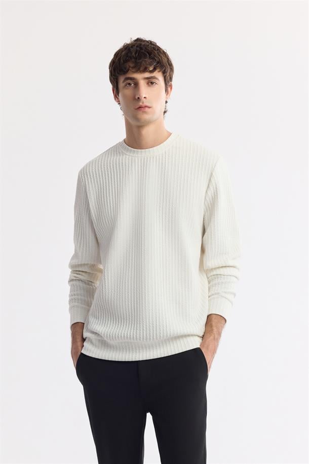 Ekru Bisiklet Yaka Enine Çizgili Jakarlı Sweatshirt