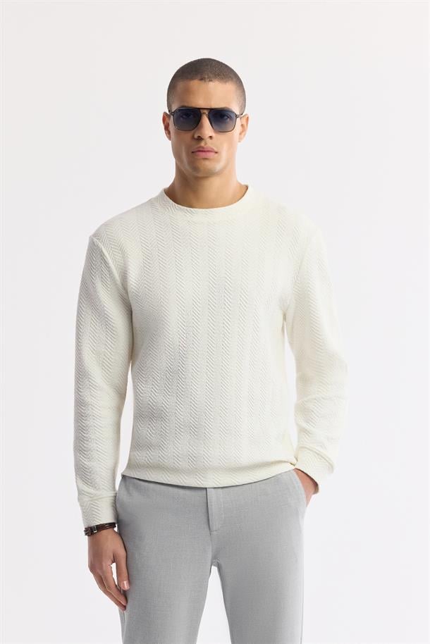 Ekru Bisiklet Yaka Enine Çizgili Jakarlı Sweatshirt