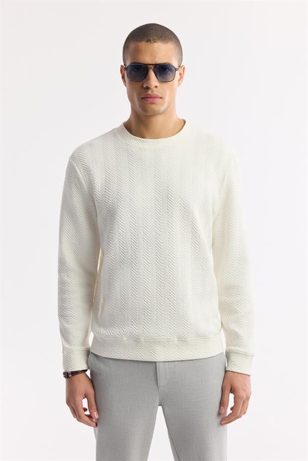 Ekru Bisiklet Yaka Enine Çizgili Jakarlı Sweatshirt