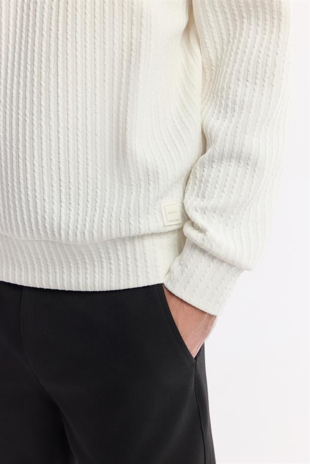 Ekru Bisiklet Yaka Enine Çizgili Jakarlı Sweatshirt