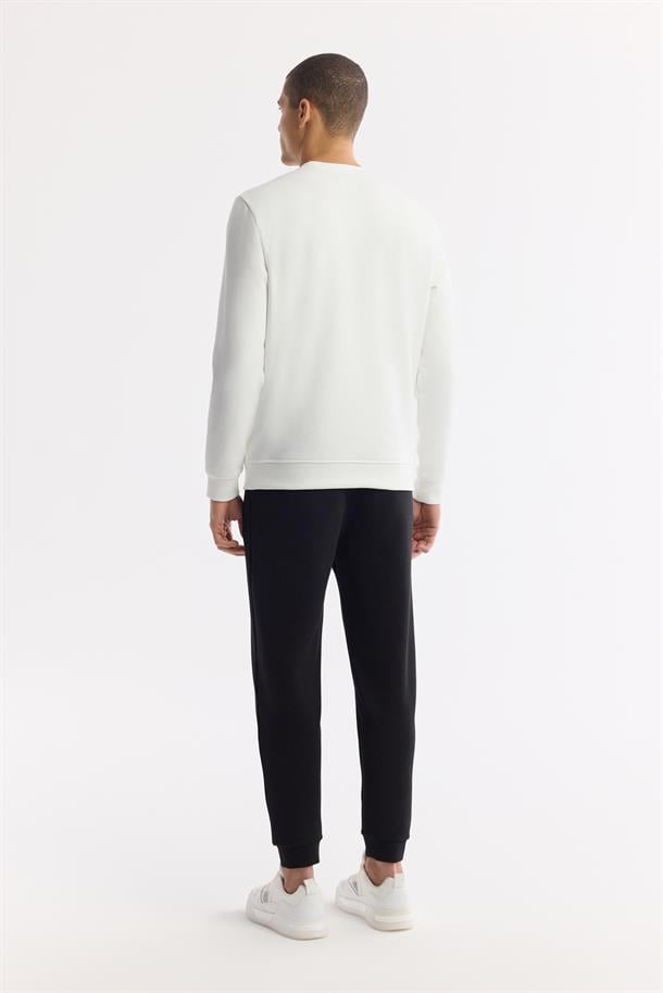 Ekru Bisiklet Yaka Baskılı Bi Stretch İnterlok Sweatshirt