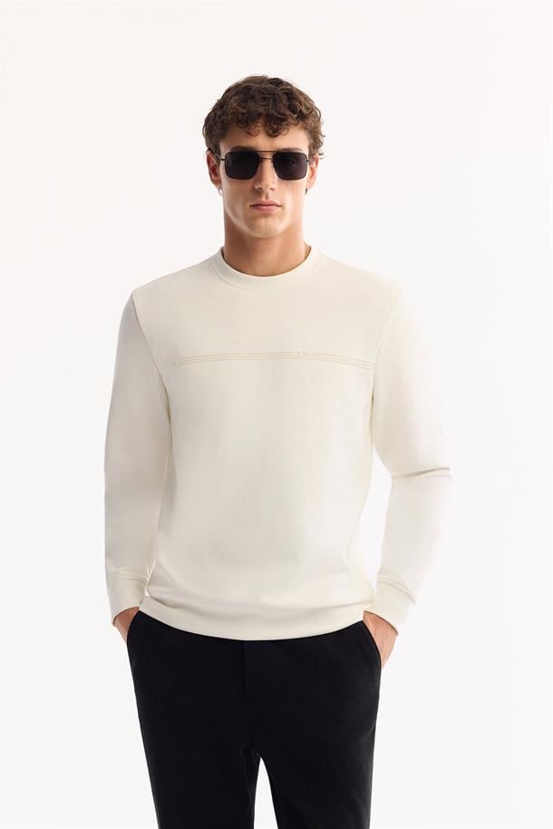 Ekru Bisiklet Yaka Enjeksiyon Baskılı İnterlok Sweatshirt