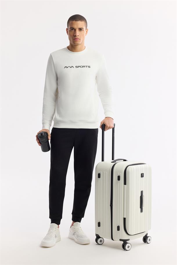 Ekru Bisiklet Yaka Baskılı Bi Stretch İnterlok Sweatshirt