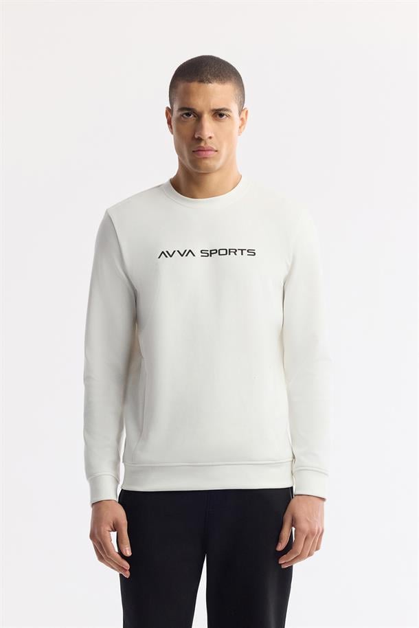 Ekru Bisiklet Yaka Baskılı Bi Stretch İnterlok Sweatshirt