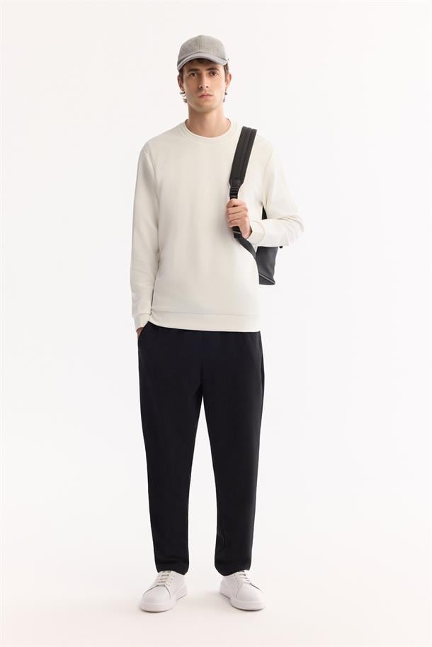 Ekru Bisiklet Yaka Fitil Ribana İnterlok  Sweatshirt