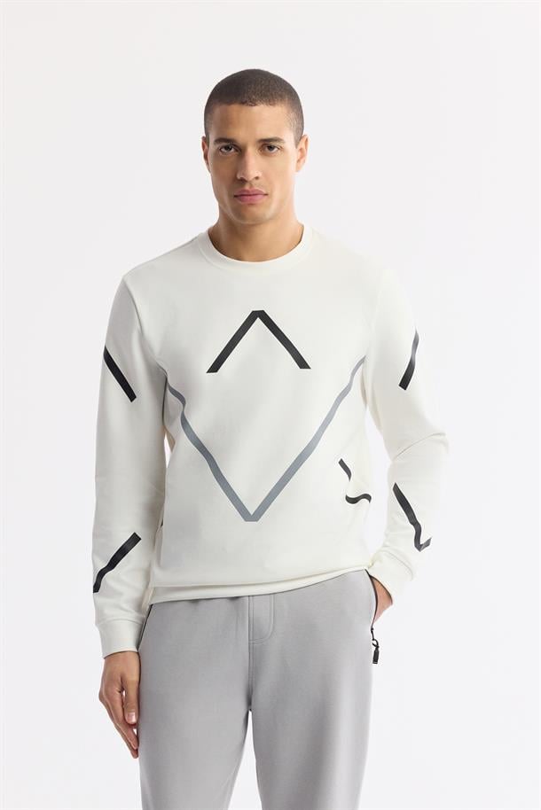 Ekru Bisiklet Yaka Flexi Baskılı İnterlok Sweatshirt