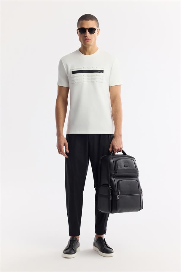 Ekru Bisiklet Yaka Flexi & Gofre Baskı Detaylı İnterlok T-Shirt