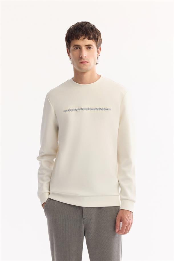 Ekru Bisiklet Yaka Gofre  Baskılı İnterlok Sweatshirt