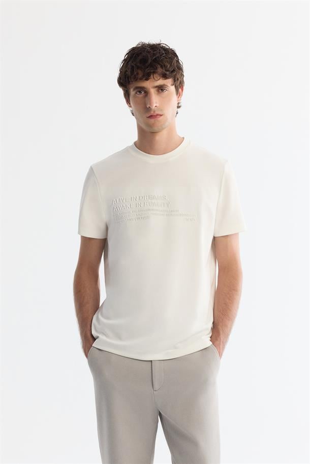 Ekru Bisiklet Yaka Gofreli Elastan T-Shirt