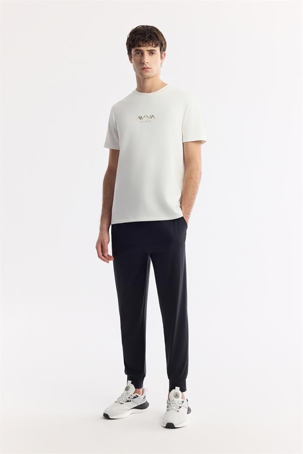 Ekru Bisiklet Yaka Hologram Baskılı İnterlok T-Shirt