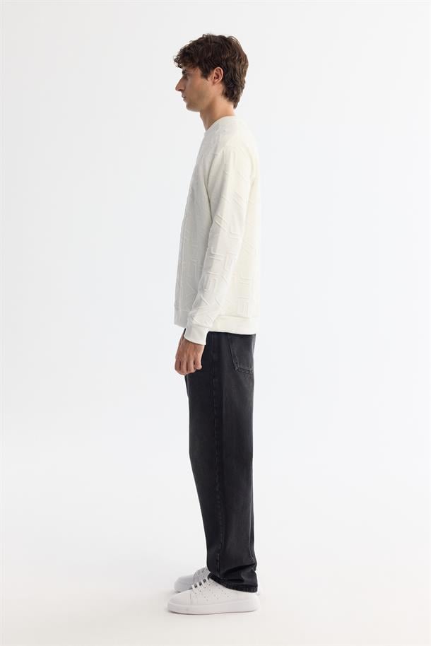 Ekru Bisiklet Yaka Jakarlı Sweatshirt
