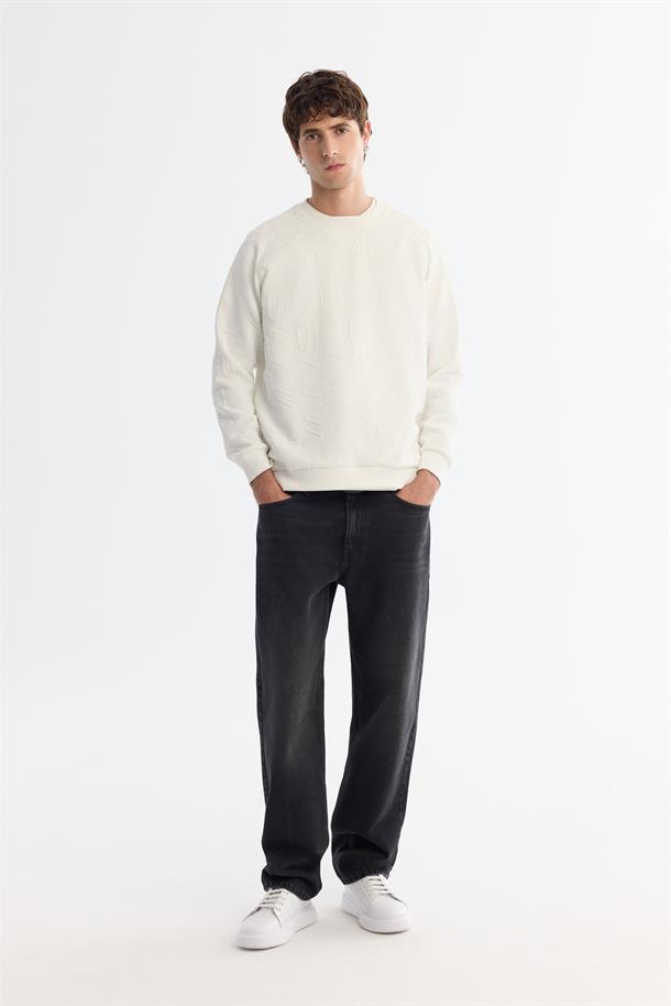 Ekru Bisiklet Yaka Jakarlı Sweatshirt