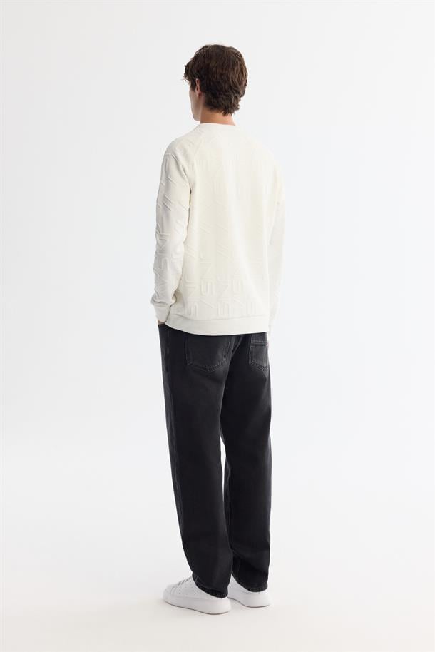 Ekru Bisiklet Yaka Jakarlı Sweatshirt