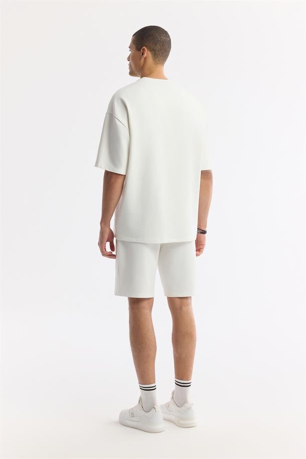 Ekru Bisiklet Yaka Oversize Aplike Baskı Detaylı 2'İplik T-Shirt