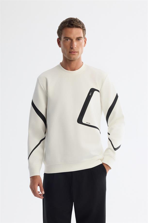 Ekru Bisiklet Yaka Pamuklu Baskılı Fermuarlı Sweatshirt