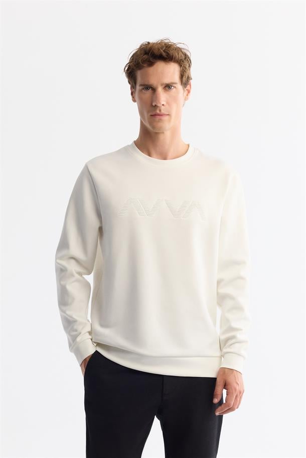 Ekru Bisiklet Yaka Pamuklu Baskılı Sweatshirt