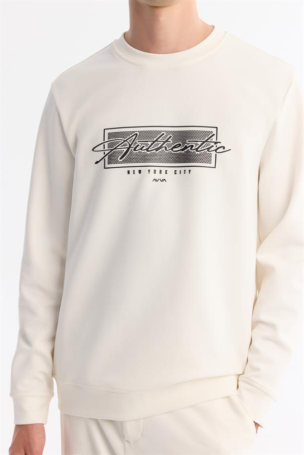 Ekru Bisiklet Yaka Pamuklu Baskılı Sweatshirt