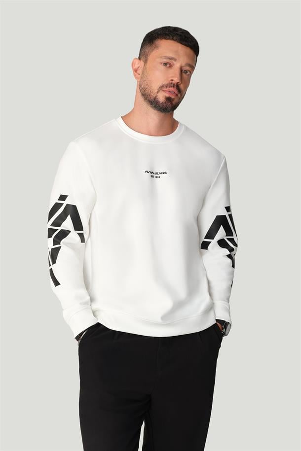 Ekru Bisiklet Yaka Pamuklu Baskılı Sweatshirt